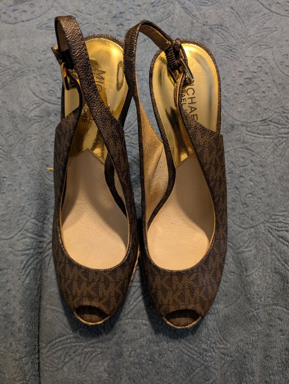 MICHAEL Michael Kors Brown Logo Peep-Toe Slingback Heels with Gold Insole